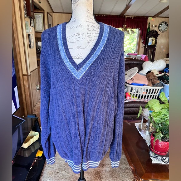 Vintage 1991 Jantzen Knit Navy Blue striped Mens Made In USA Pullover Cardigan. - Picture 13 of 16